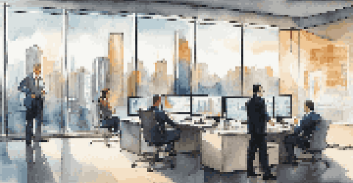 A modern office with financial analysts examining data on large screens, illuminated by natural light, with city views in the background.