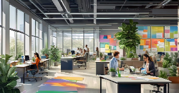 A modern office with professionals working together, featuring large windows, laptops, and colorful whiteboards.