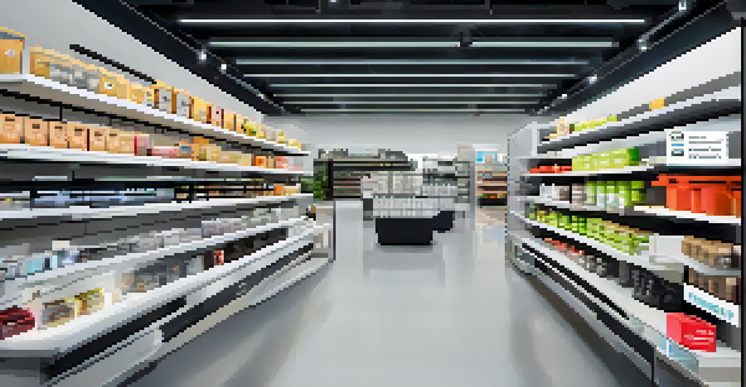 A futuristic retail store with drones and augmented reality displays for inventory management.