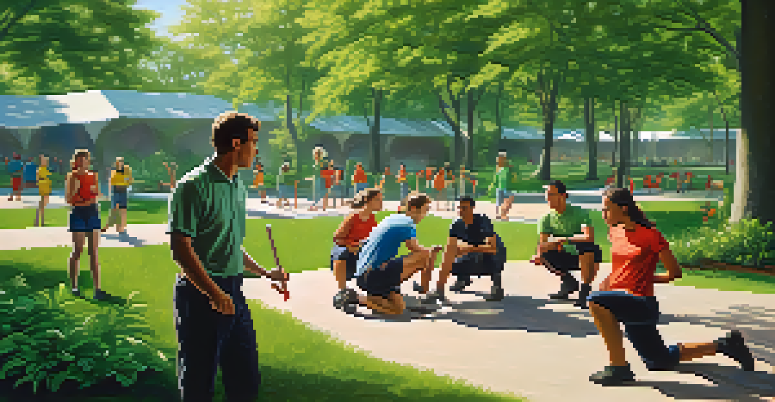 A leader guiding a team-building exercise outdoors in a park, with team members solving challenges together.