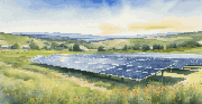 A sunny solar farm with solar panels in a green field, surrounded by rolling hills and wildflowers.
