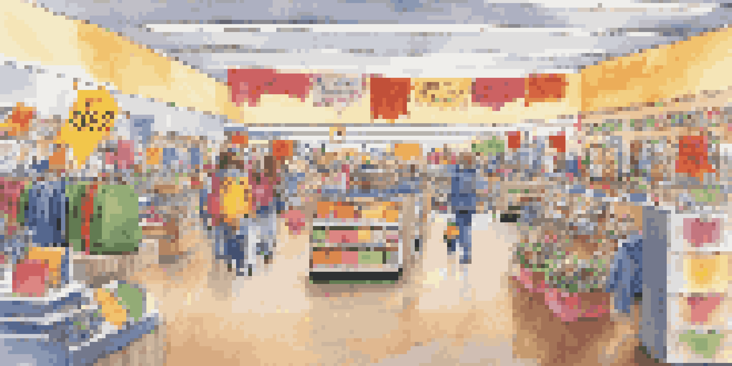 A retail store entrance showcasing a seasonal back-to-school display with colorful school supplies and themed decorations.