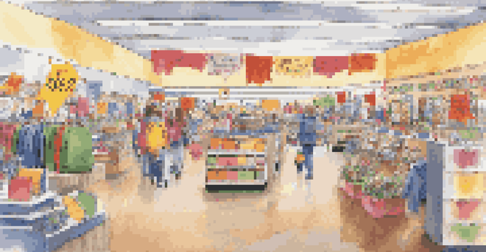 A retail store entrance showcasing a seasonal back-to-school display with colorful school supplies and themed decorations.