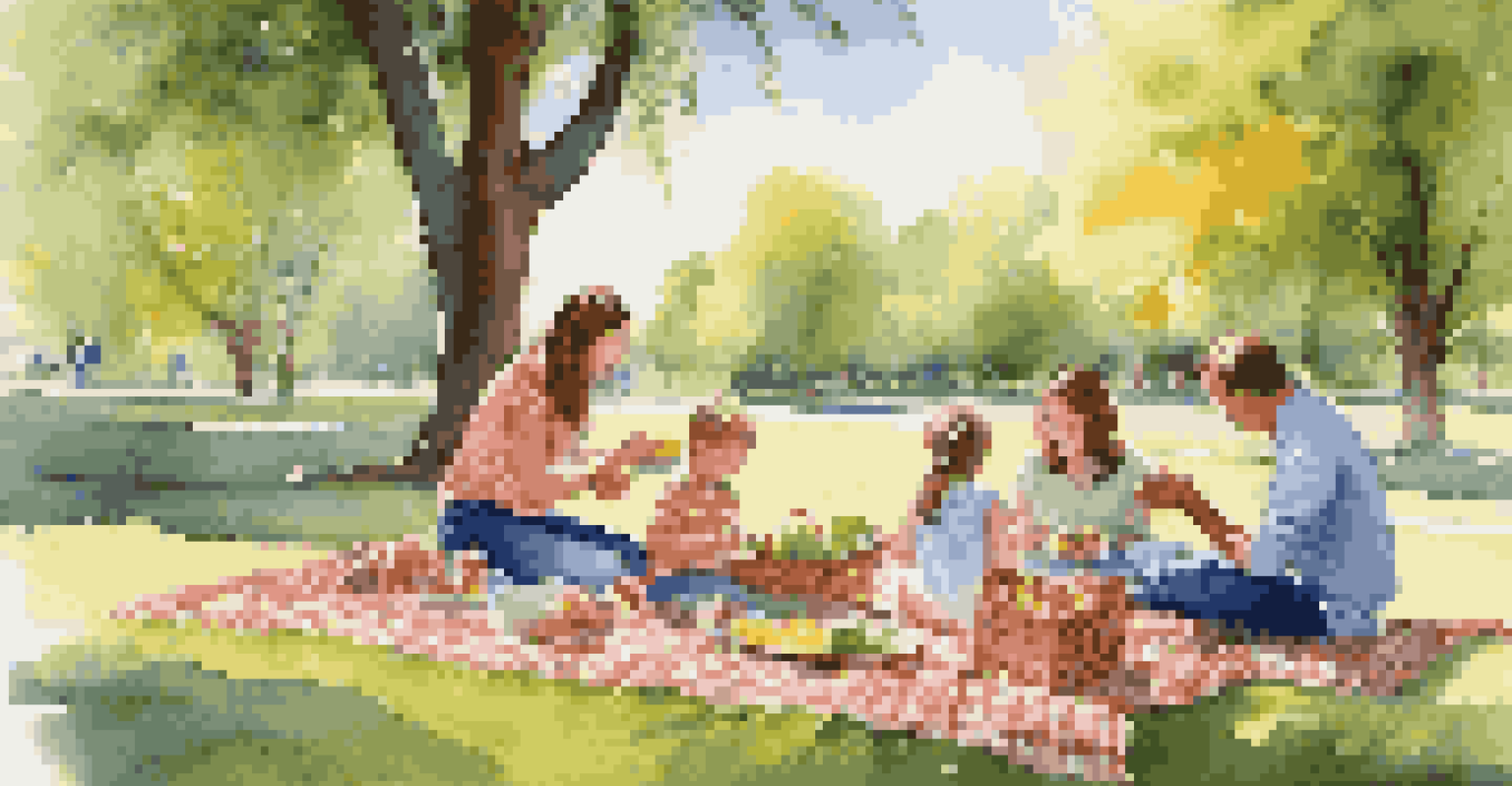 A family of four having a picnic in a park with colorful food spread on a blanket.