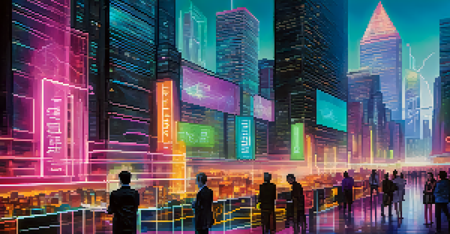 A futuristic city skyline showcasing financial institutions using blockchain technology with transparent screens and flowing digital currencies.