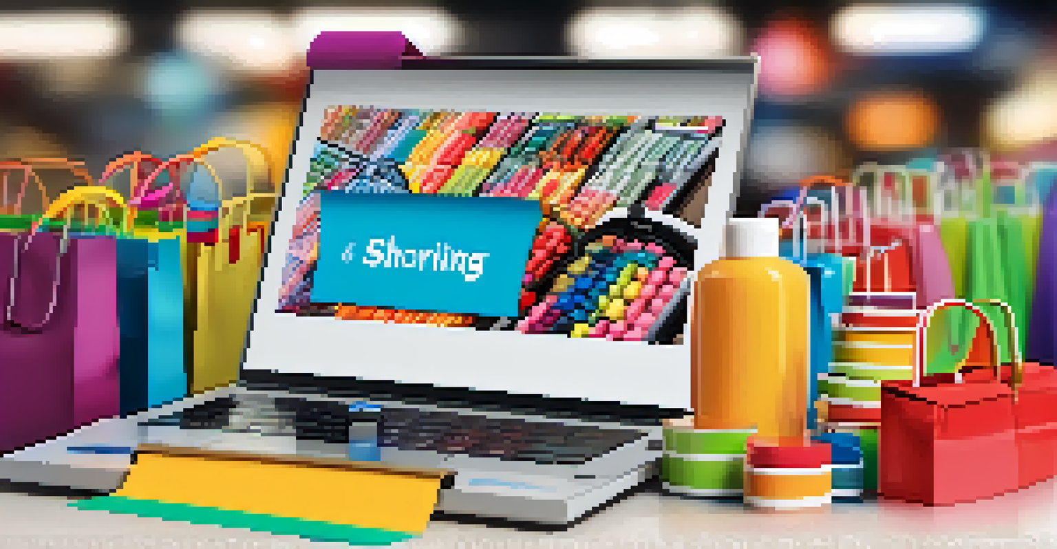 A shopping cart filled with vibrant products in an online shopping environment, with a blurred laptop screen in the background.