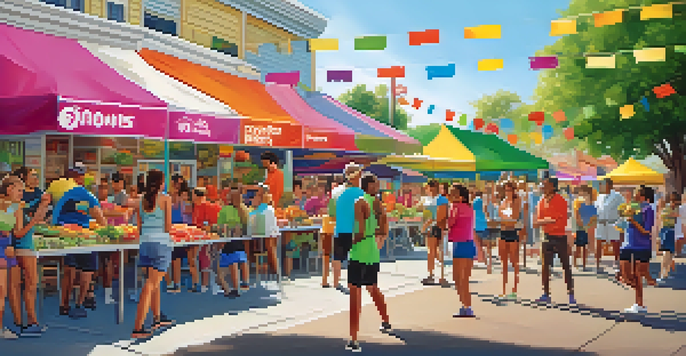 A lively outdoor community event with a fitness franchise booth, colorful banners, and diverse people participating in activities under the bright sunlight.