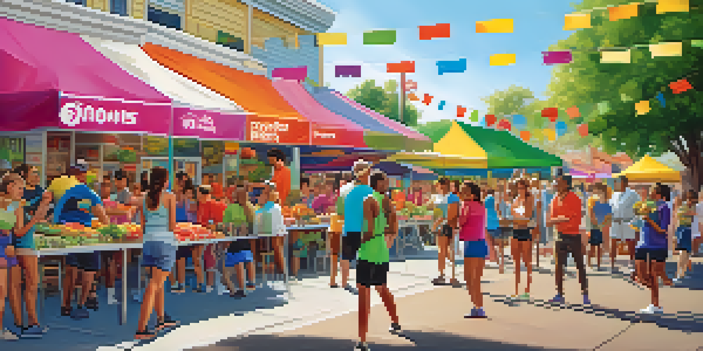A lively outdoor community event with a fitness franchise booth, colorful banners, and diverse people participating in activities under the bright sunlight.