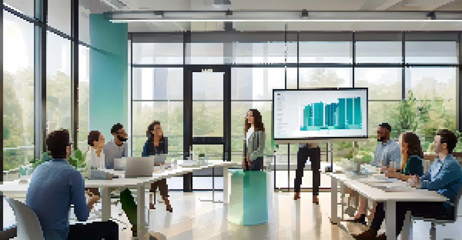 A diverse team collaborating on sustainability projects in a bright office environment.