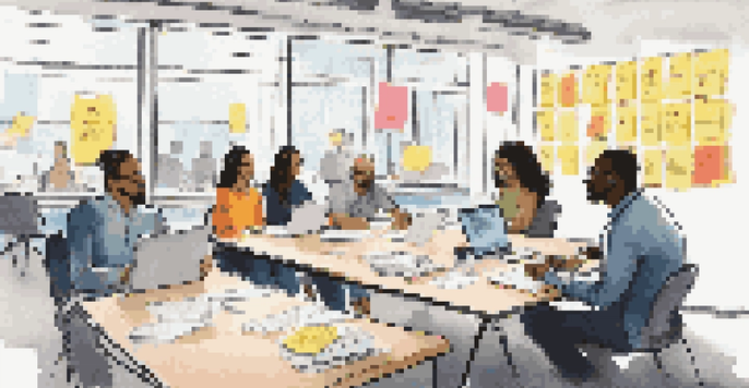 A diverse group of employees in a meeting, actively discussing and sharing ideas around a table filled with laptops and notepads.