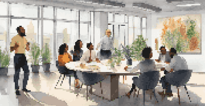 A diverse group of employees in a modern office, engaged in an open discussion around a round table, showcasing collaboration and inclusivity.