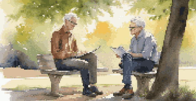 An older mentor and a younger mentee having a discussion in a sunny park, with trees and grass surrounding them.