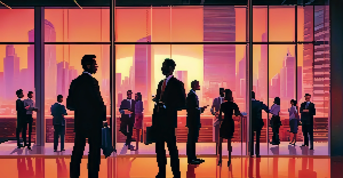 A diverse group of business professionals talking outside a modern office building during sunset, with city skyscrapers in the background.