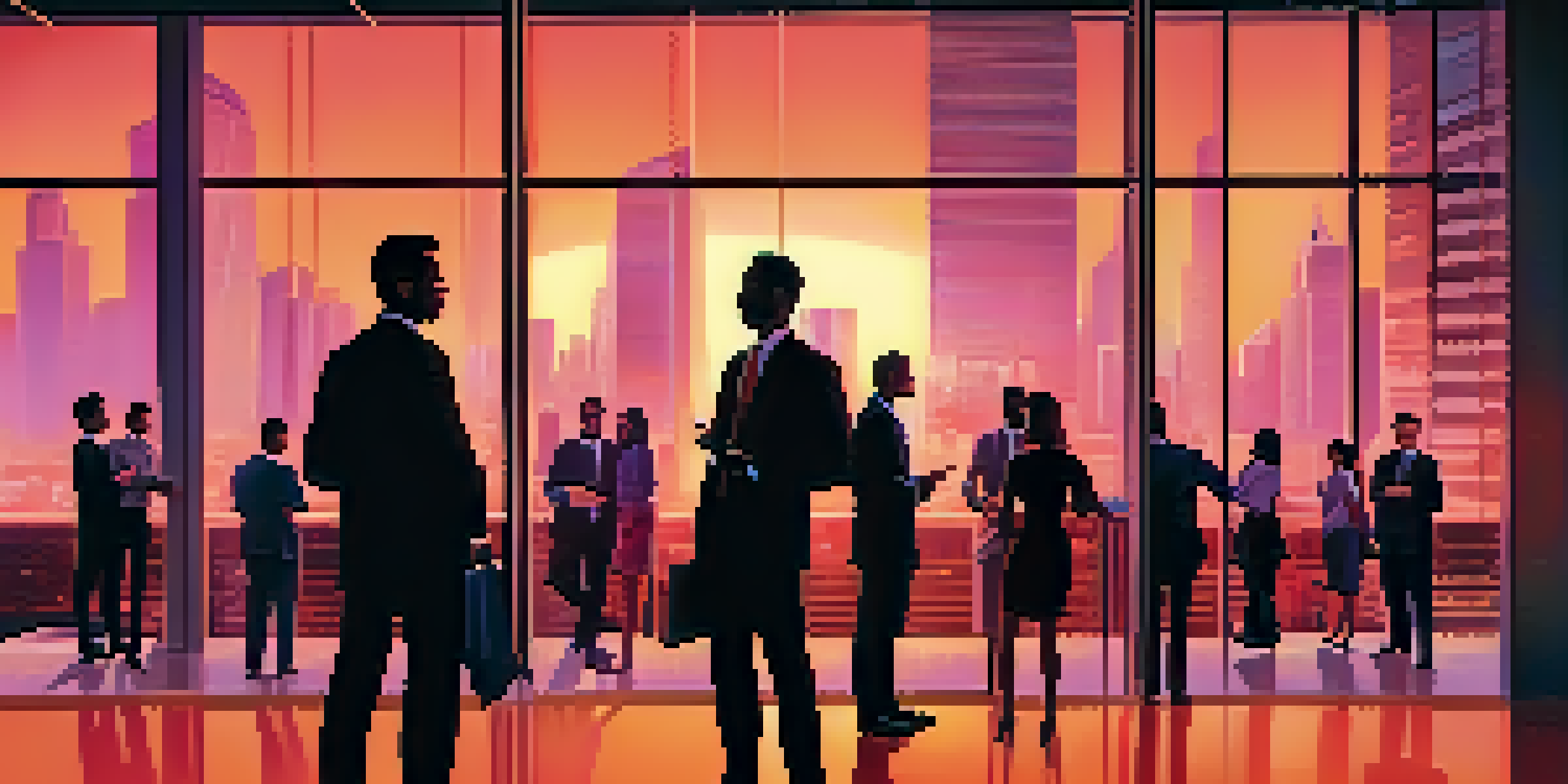 A diverse group of business professionals talking outside a modern office building during sunset, with city skyscrapers in the background.