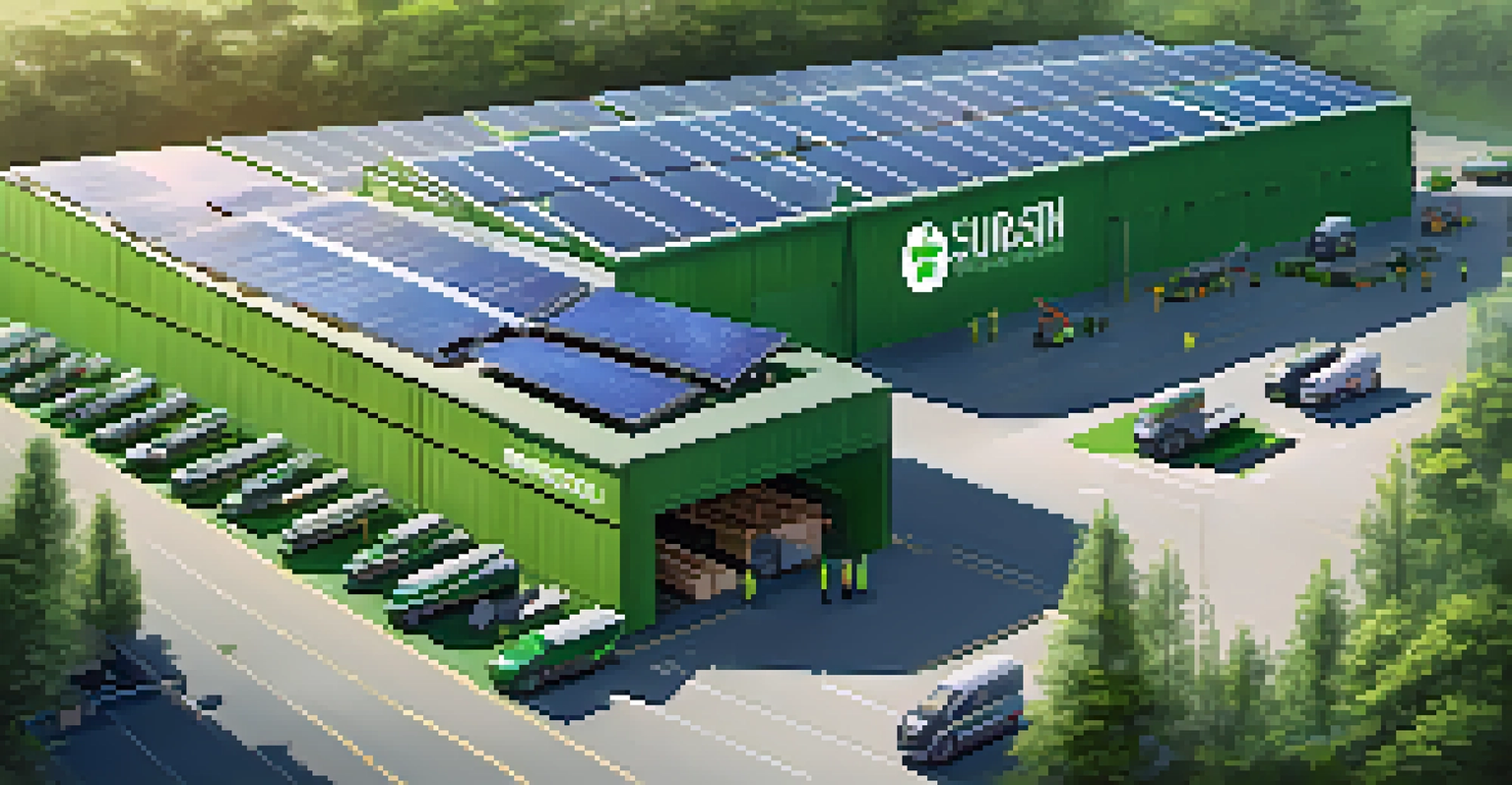 A sustainable warehouse surrounded by greenery, showcasing solar panels and electric delivery vehicles.