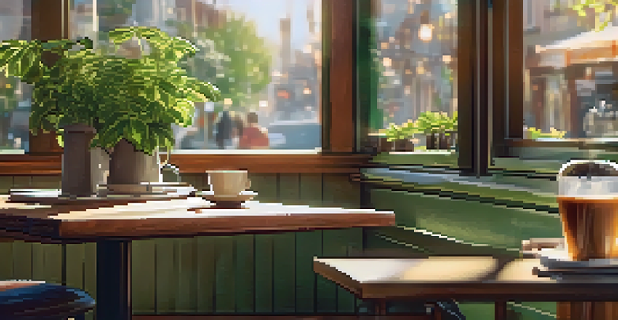 A cozy coffee shop with a wooden table, a steaming cup of coffee, a pastry, and a laptop displaying social media analytics, illuminated by soft sunlight.