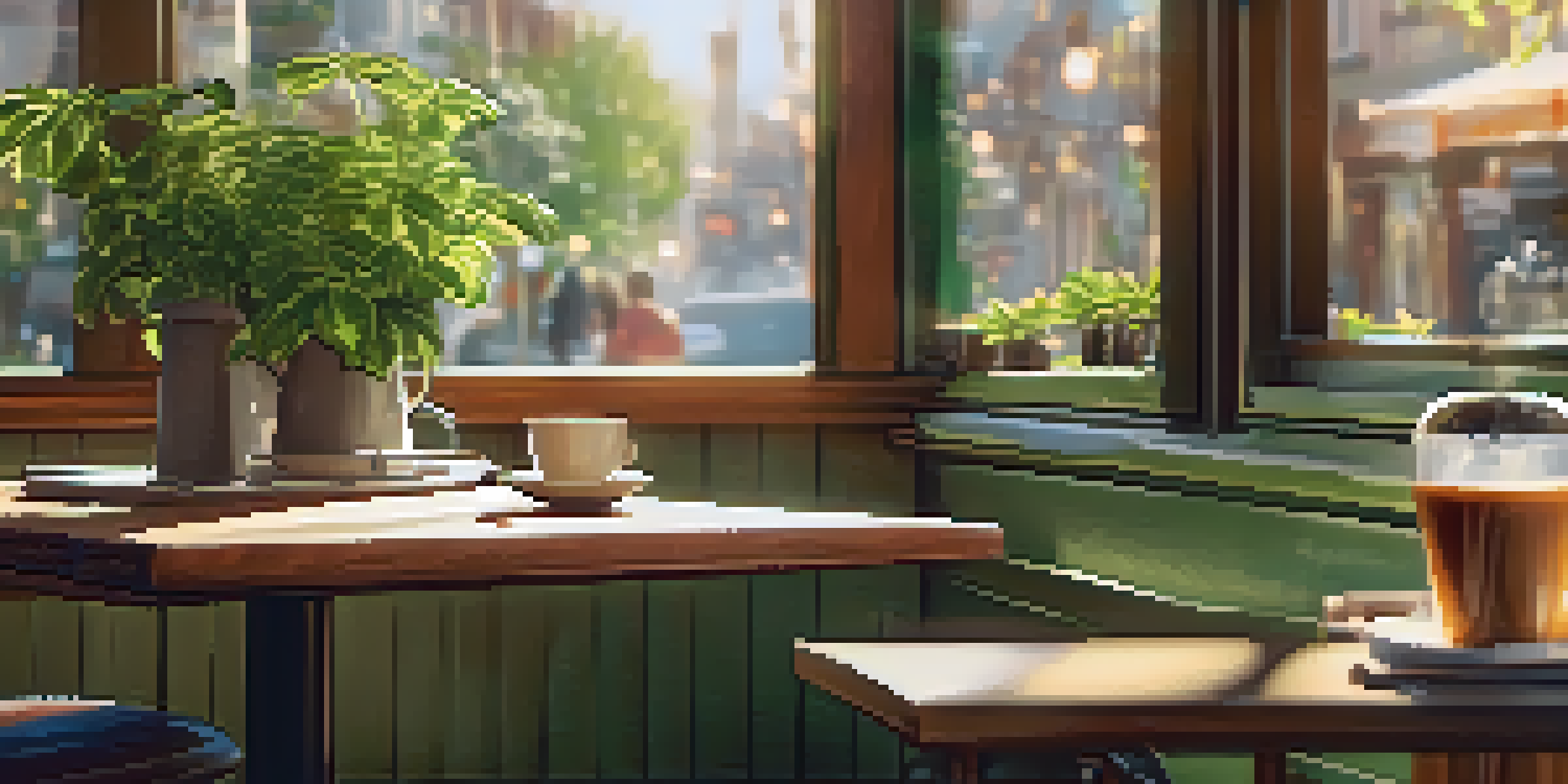 A cozy coffee shop with a wooden table, a steaming cup of coffee, a pastry, and a laptop displaying social media analytics, illuminated by soft sunlight.