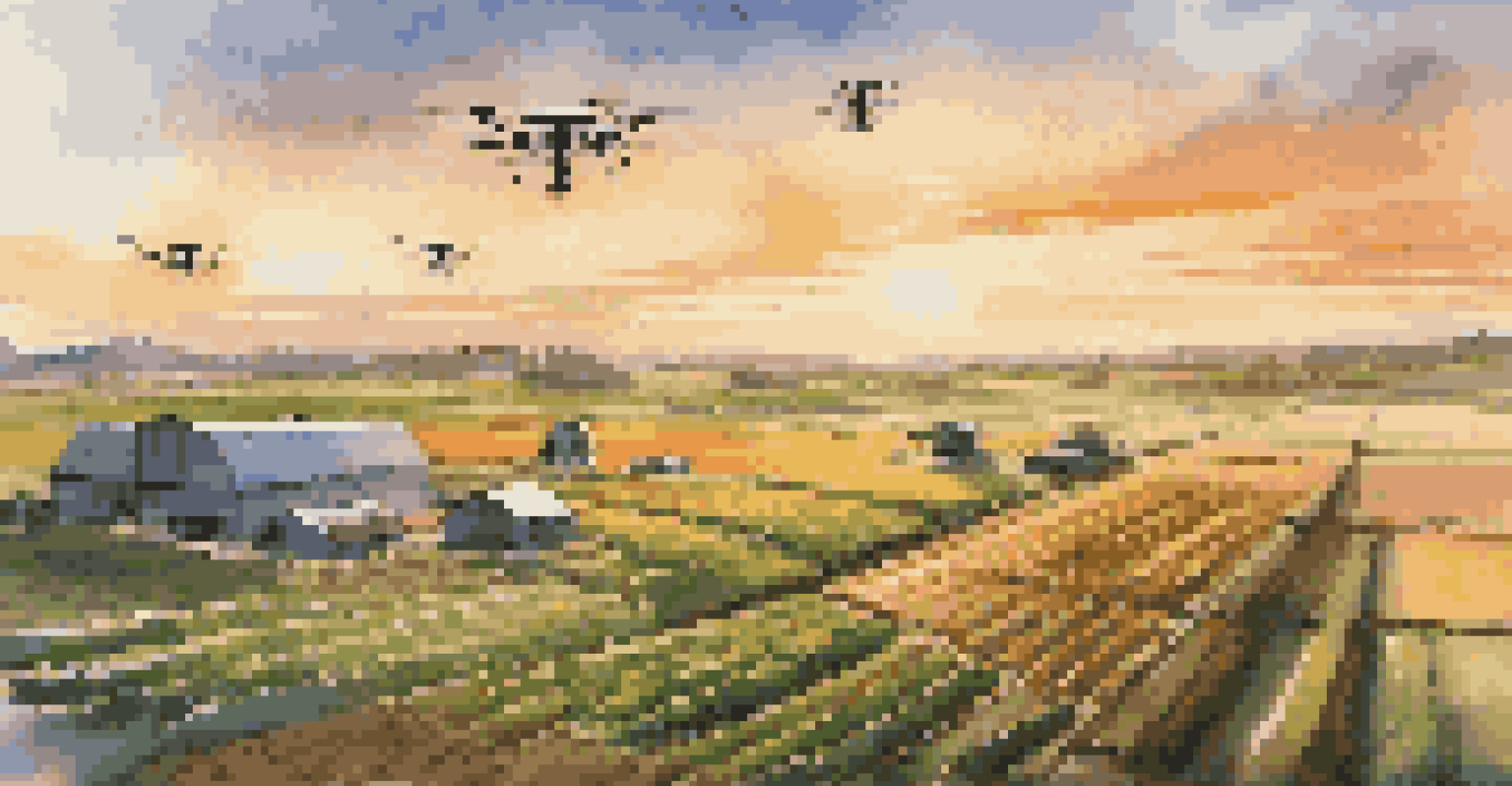 A technology-driven farm at sunset, featuring drones and automated machines in a lush agricultural setting.