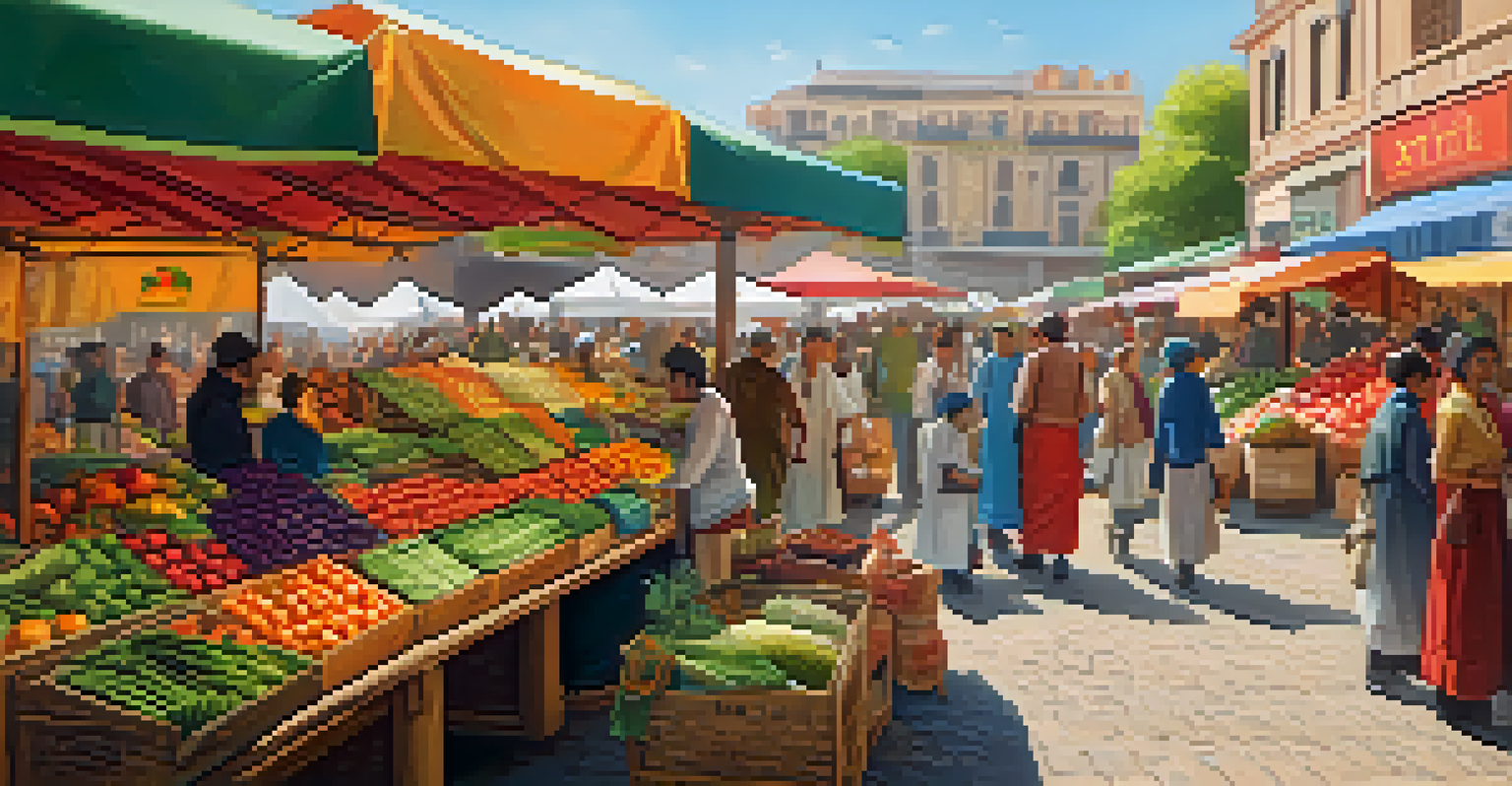 A lively marketplace with diverse shoppers, colorful stalls of fruits, vegetables, and crafts, and a sunlit atmosphere.