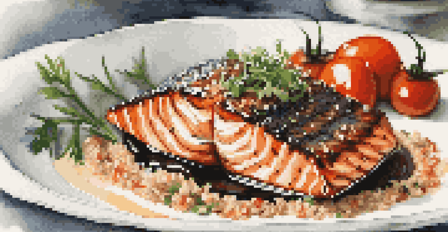 A gourmet dish with grilled salmon, quinoa, and colorful garnishes presented elegantly.