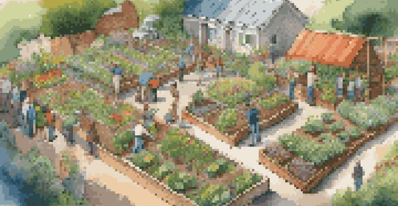 An aerial view of a community garden with people planting and discussing, surrounded by colorful flowers and vegetables, under bright sunlight.