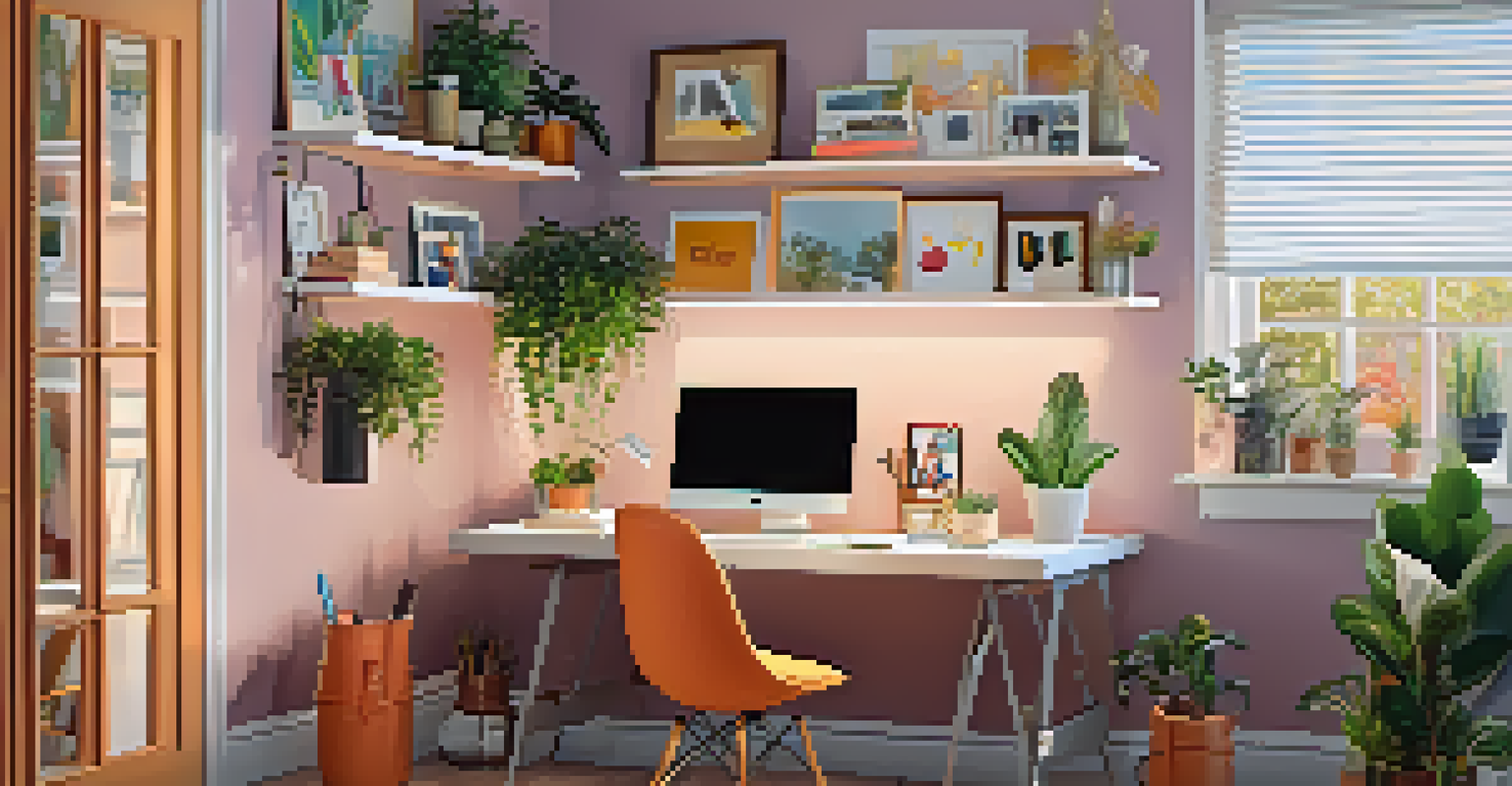 A cheerful influencer recording a video in a cozy home office with colorful posters and plants.