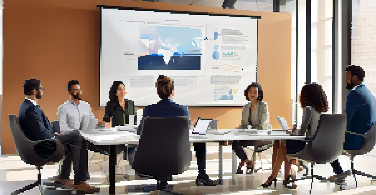 A diverse group of professionals sitting around a conference table, collaborating over documents and a laptop, with a presentation on a screen and notes on a whiteboard.