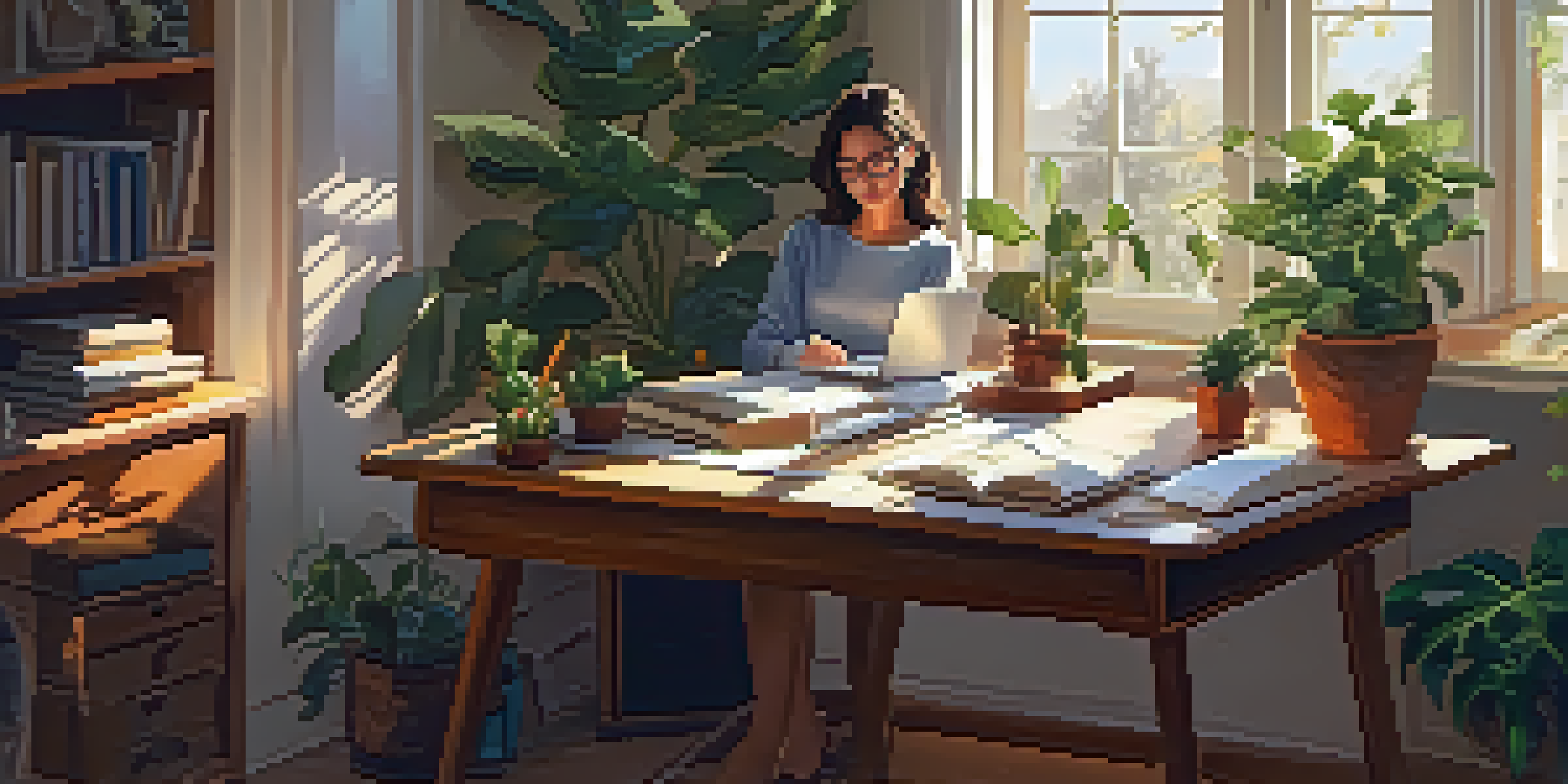 A professional woman working at a home office desk with sunlight filtering through the window, plants, and books around her.