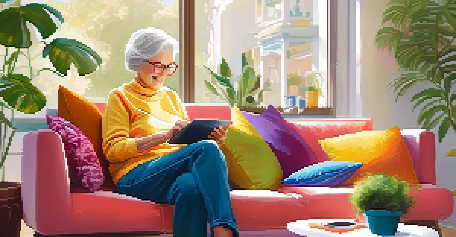 An elderly woman happily shopping online on a tablet in a bright living room filled with cushions and plants.