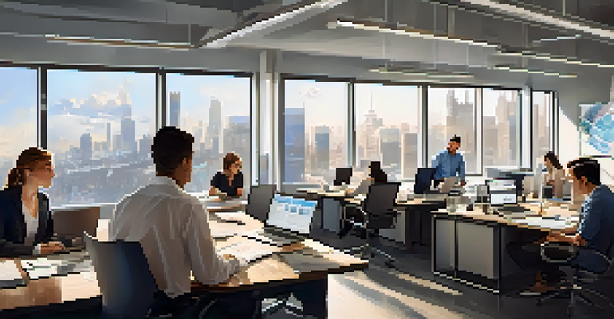 A diverse group of employees working together in a bright modern office, showcasing collaboration and teamwork.