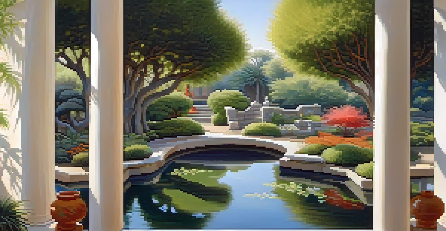 A tranquil garden showcasing elements from various cultures, including a koi pond and olive tree, surrounded by soft sunlight.