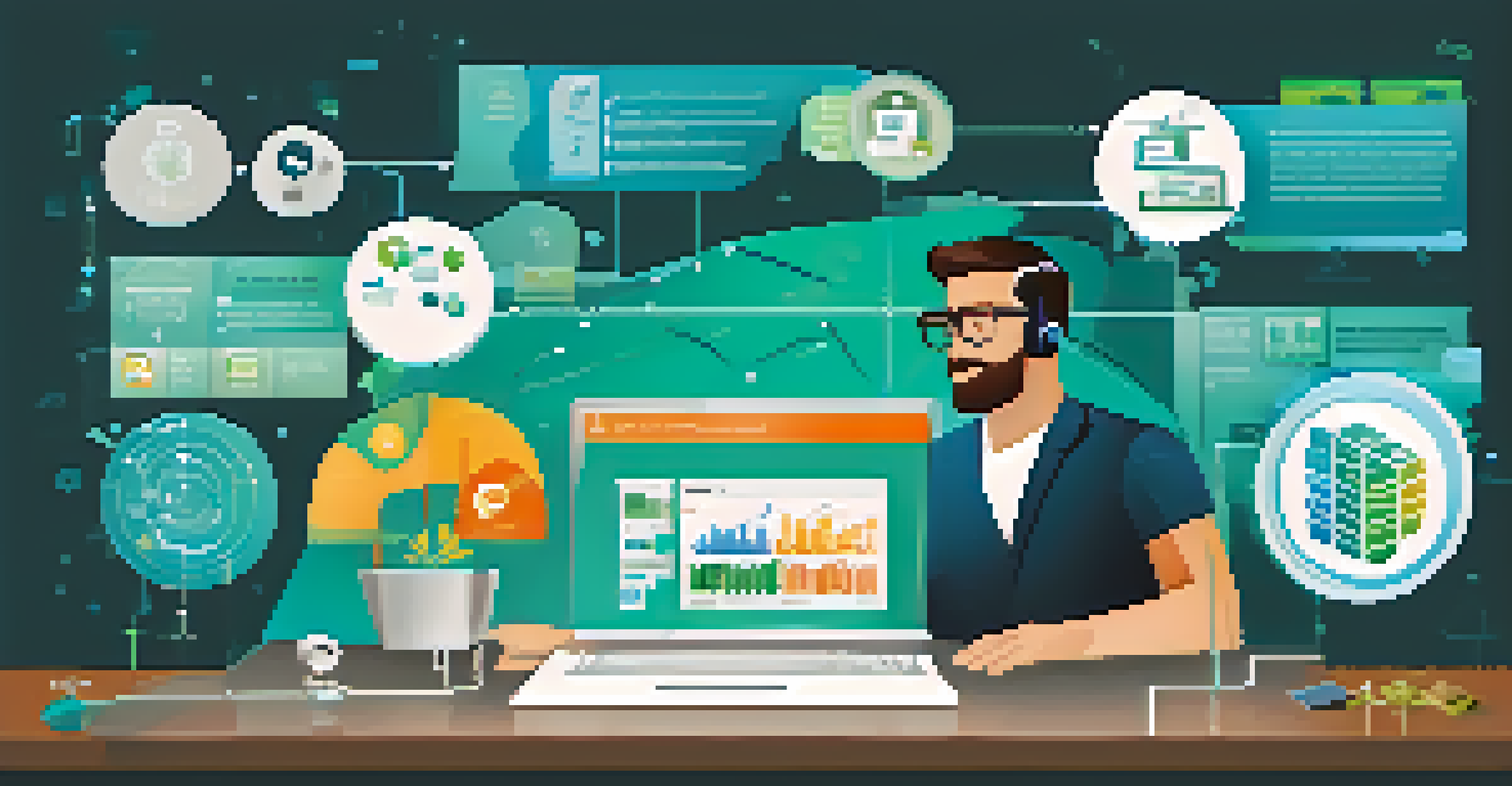 An infographic showing the integration of customer data from sales, social media, and customer service, with a central figure analyzing data.