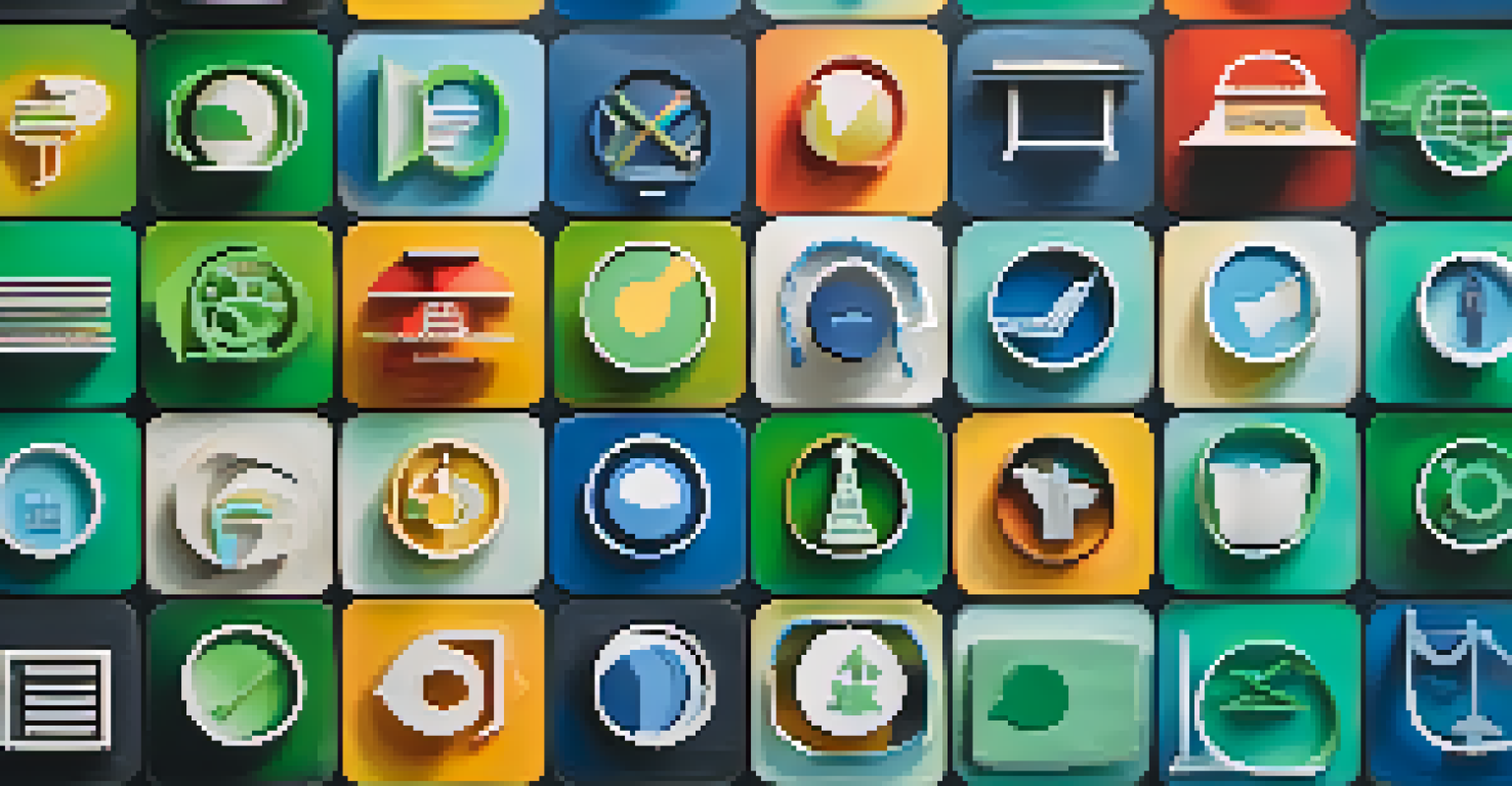 Colorful icons representing different types of intellectual property rights on a textured gradient background.