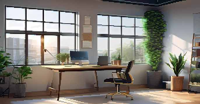 A bright modern office with a wooden desk and laptop, showcasing a comfortable remote work environment.