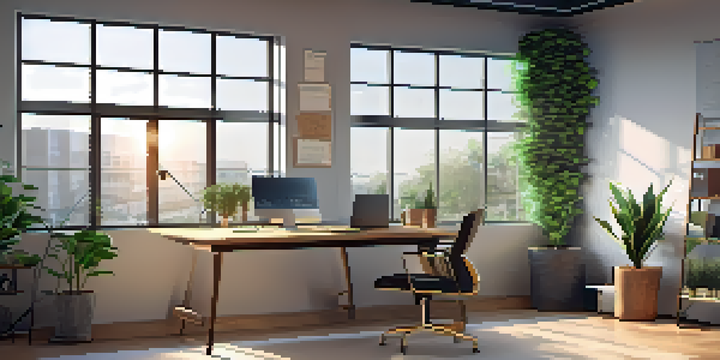A bright modern office with a wooden desk and laptop, showcasing a comfortable remote work environment.