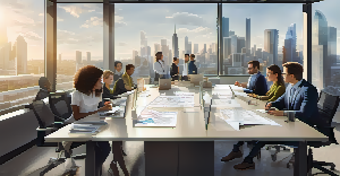 A collaborative office environment with diverse team members working together around a large table, surrounded by city views.