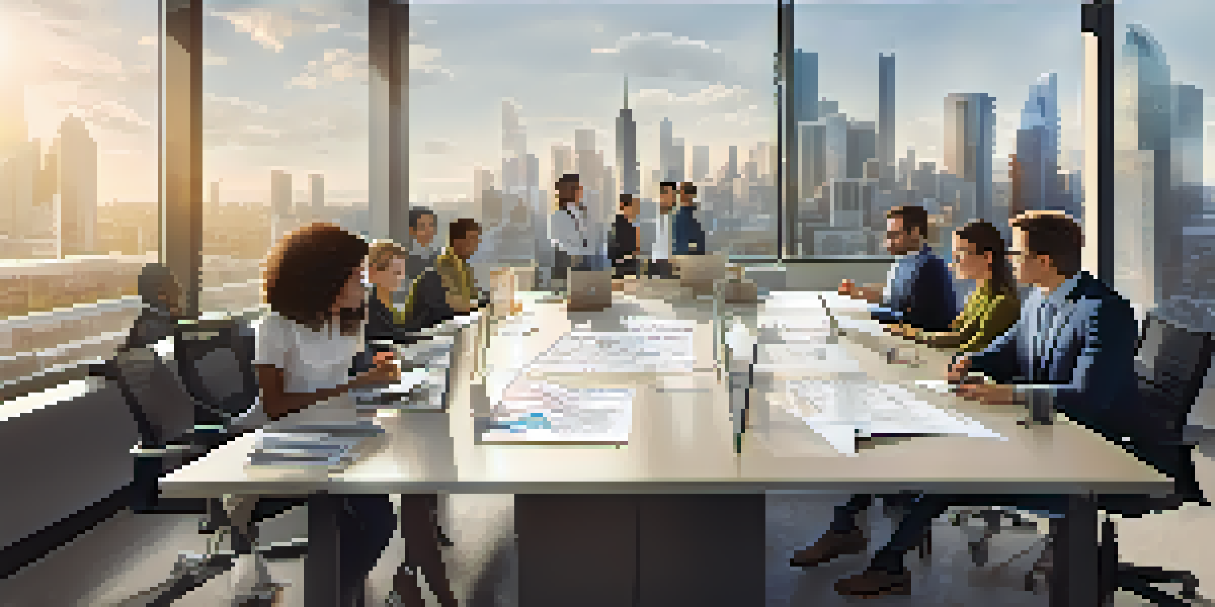 A collaborative office environment with diverse team members working together around a large table, surrounded by city views.