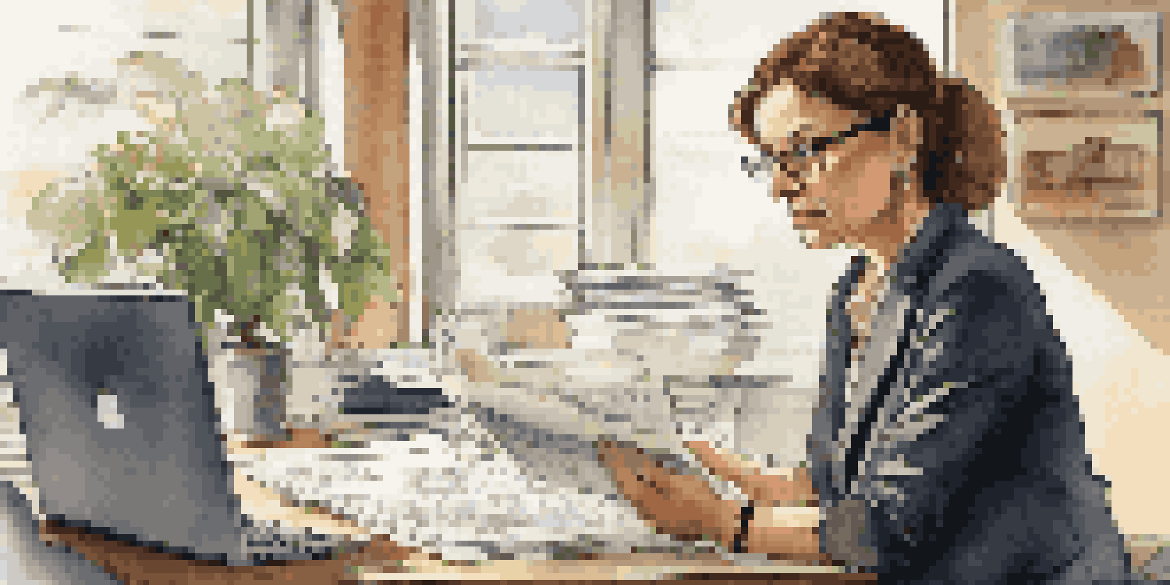 A franchise owner at a desk reviewing financial documents with a focused expression, surrounded by coffee cups and a plant.