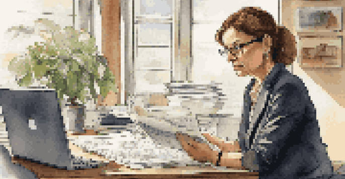 A franchise owner at a desk reviewing financial documents with a focused expression, surrounded by coffee cups and a plant.