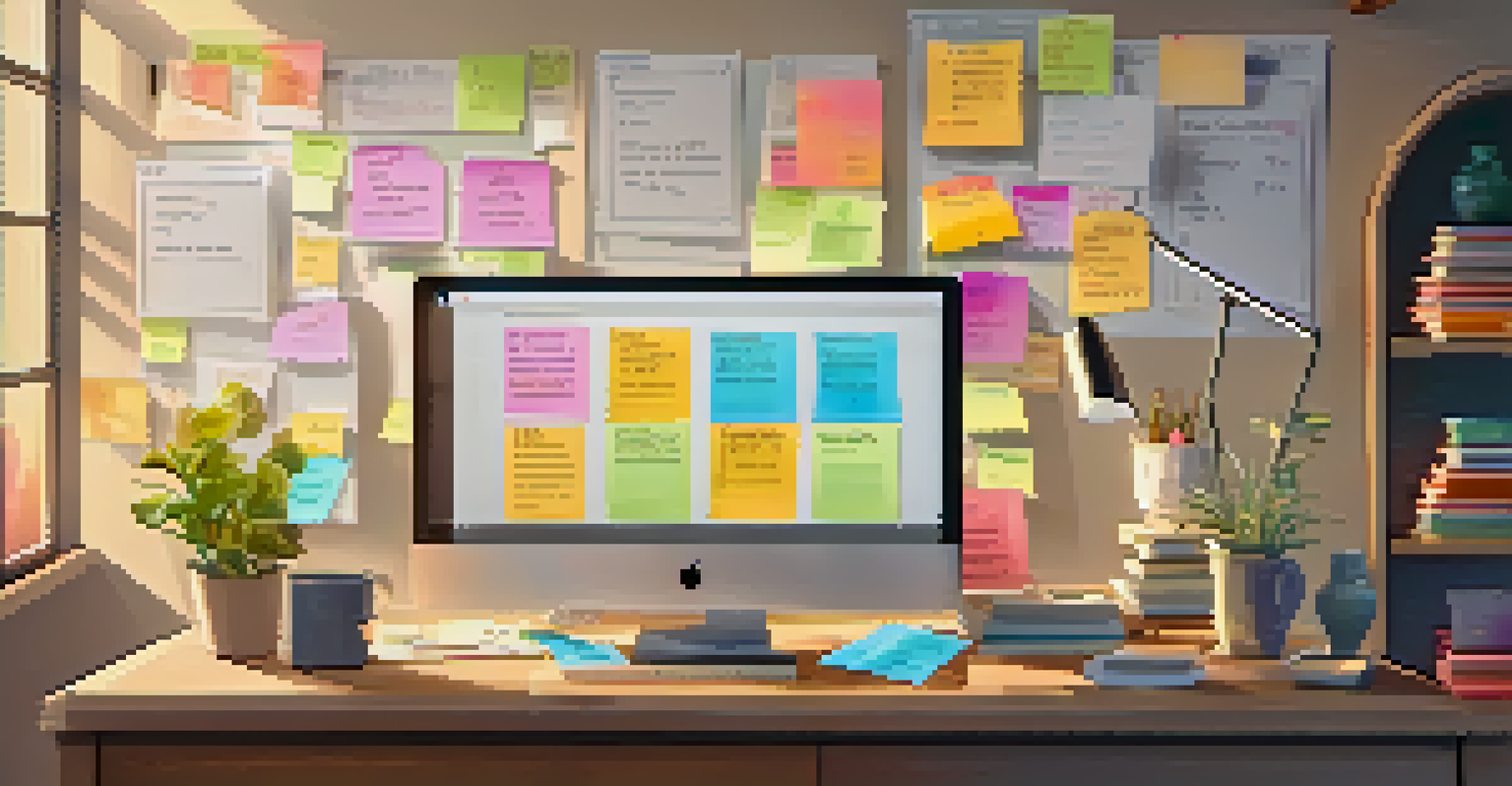 A cozy home office featuring a Kanban board with colorful sticky notes, bookshelves, and plants in the background.