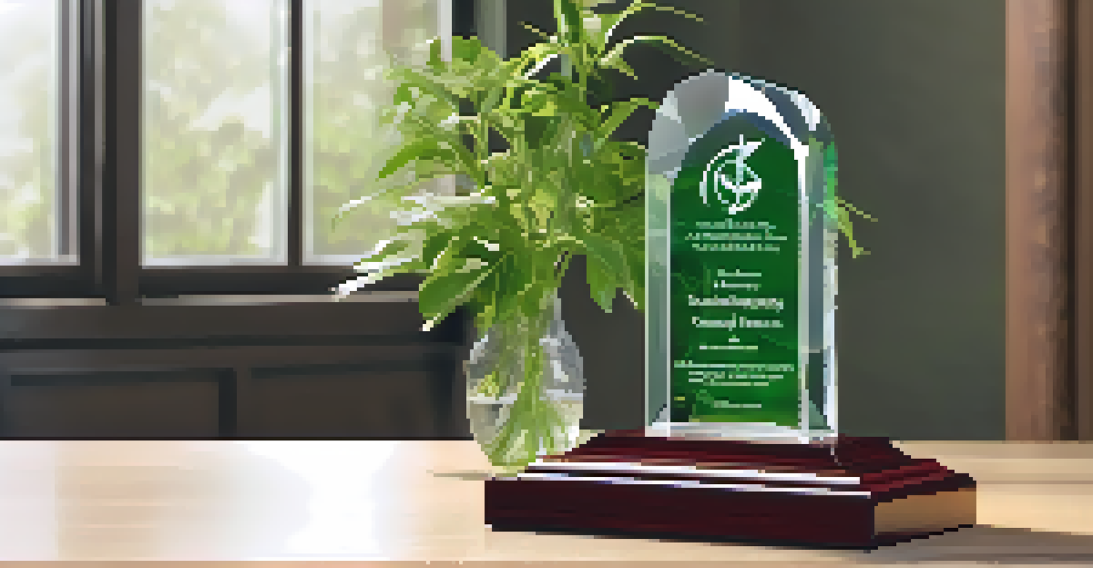 A glass award for 'Sustainability Champion' on a desk, surrounded by plants and a reusable water bottle.