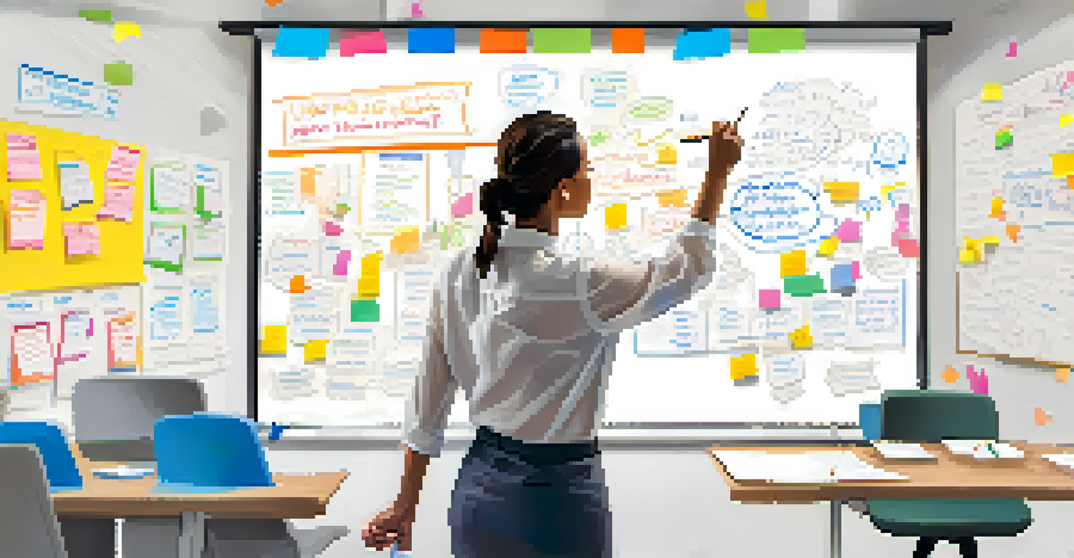 An employee presenting innovative ideas to colleagues in a busy office filled with colorful markers and sticky notes.