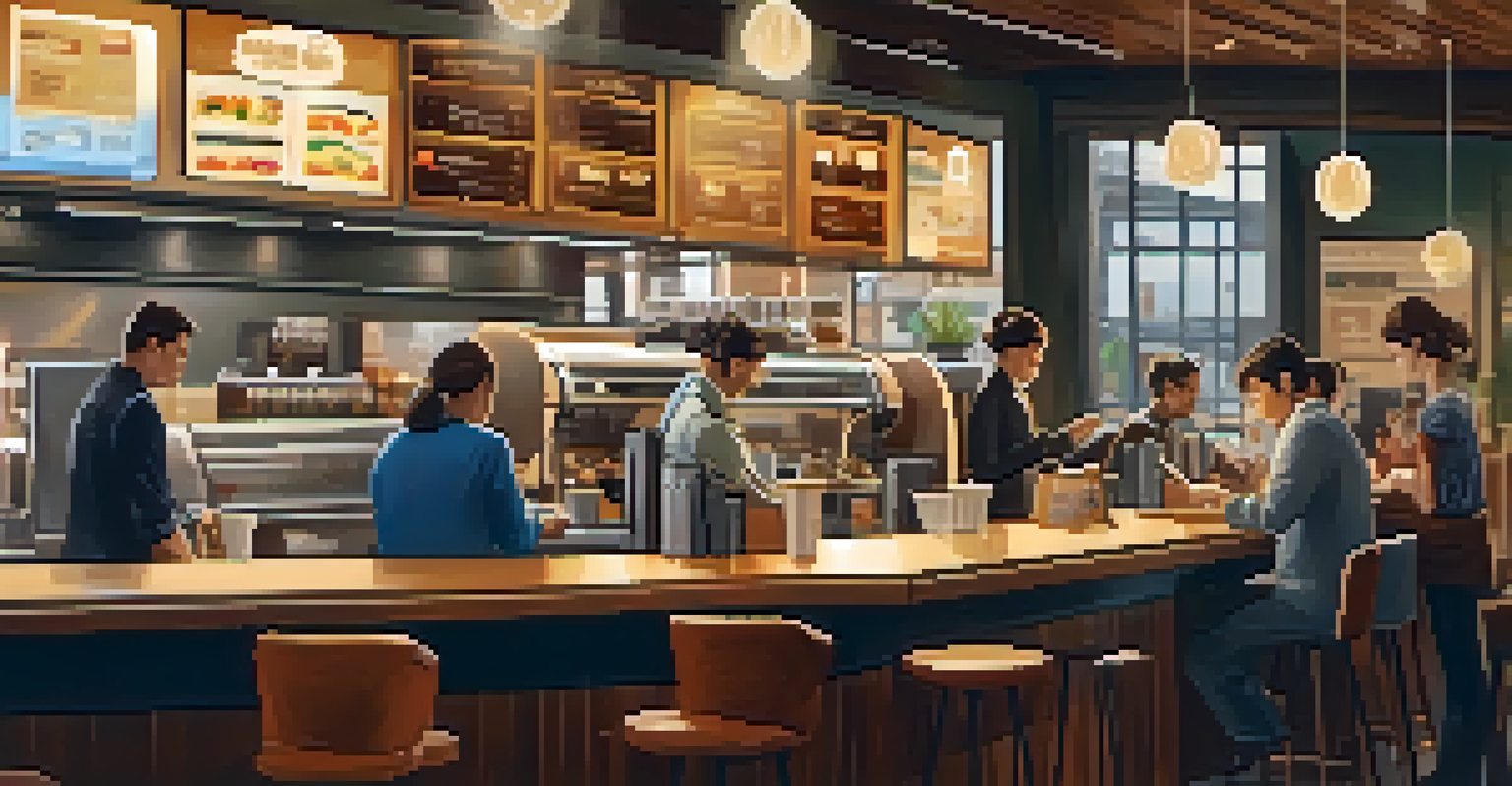 A café scene with a cashier processing mobile payments and customers using their phones.