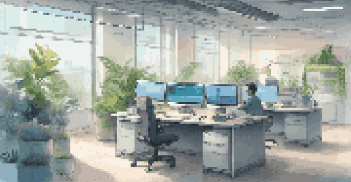 A contemporary office with a computer showing a chatbot interface, surrounded by greenery and natural light.