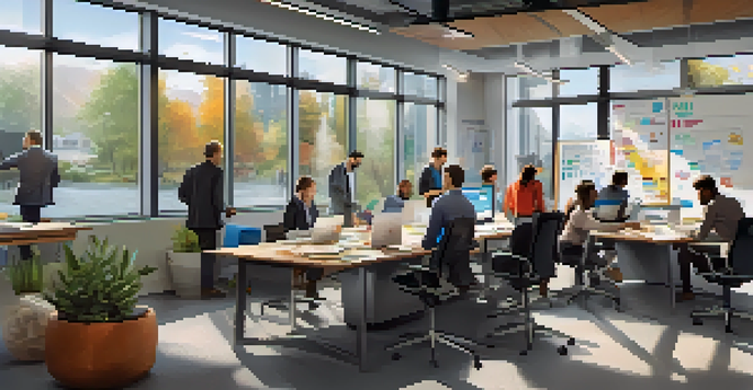 A diverse group of employees collaborating in a bright office, with motivational posters and a whiteboard in the background.