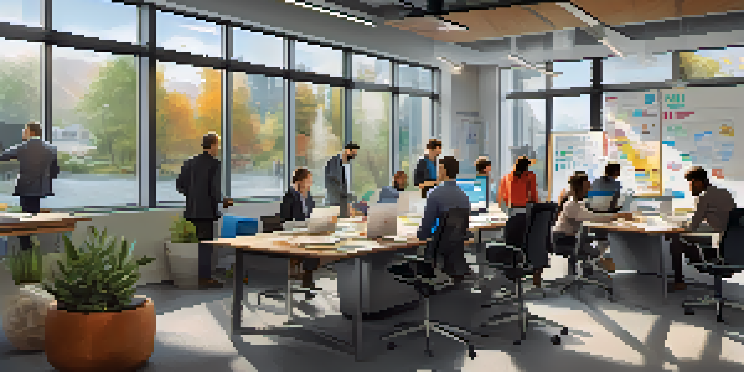 A diverse group of employees collaborating in a bright office, with motivational posters and a whiteboard in the background.