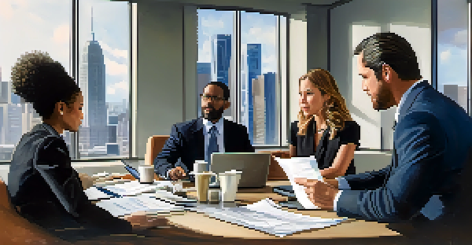 A diverse group of business professionals discussing succession planning in a bright executive office, with documents and laptops on the table and a city view outside the windows.