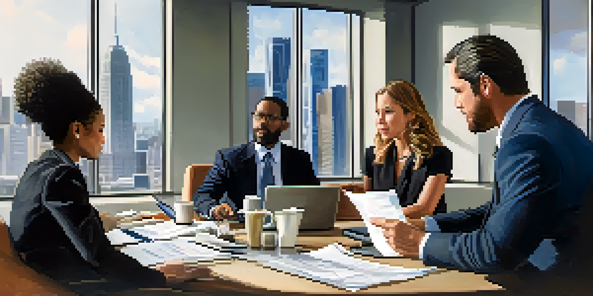 A diverse group of business professionals discussing succession planning in a bright executive office, with documents and laptops on the table and a city view outside the windows.