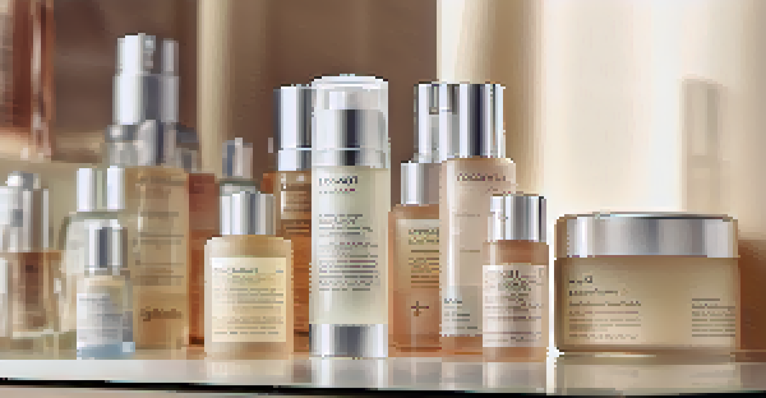 A close-up of skincare products showcasing clear bottles with ingredient lists, illuminated by natural light against a softly blurred background.