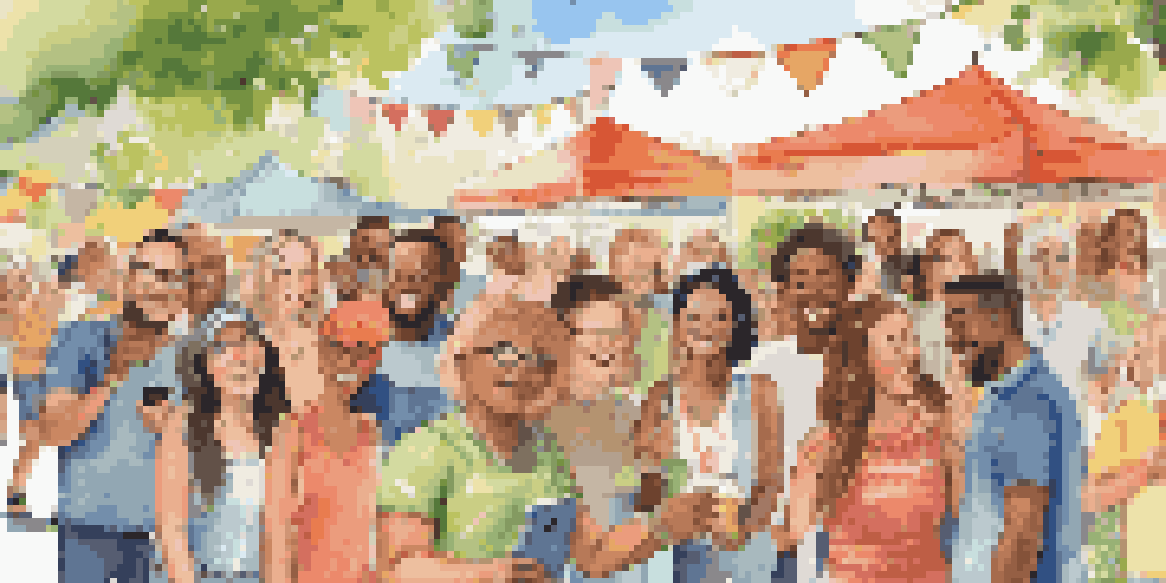 A diverse group of happy customers enjoying a brand's product at a sunny outdoor event, surrounded by greenery and colorful decorations.